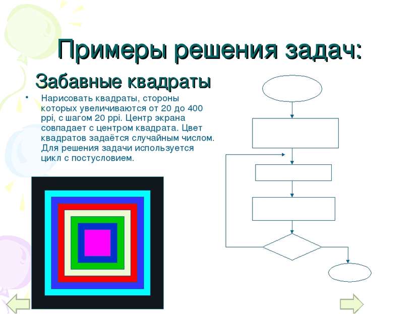 Примеры решения задач: Нарисовать квадраты, стороны которых увеличиваются от ...