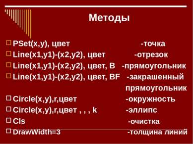 Методы PSet(x,y), цвет -точка Line(x1,y1)-(x2,y2), цвет -отрезок Line(x1,y1)-...