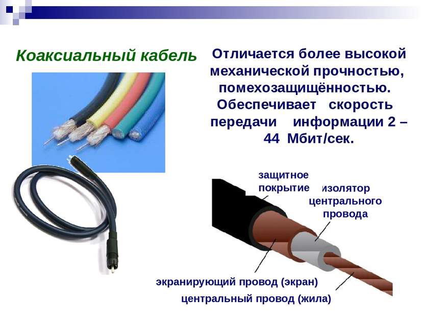 Коаксиальный кабель Отличается более высокой механической прочностью, помехоз...