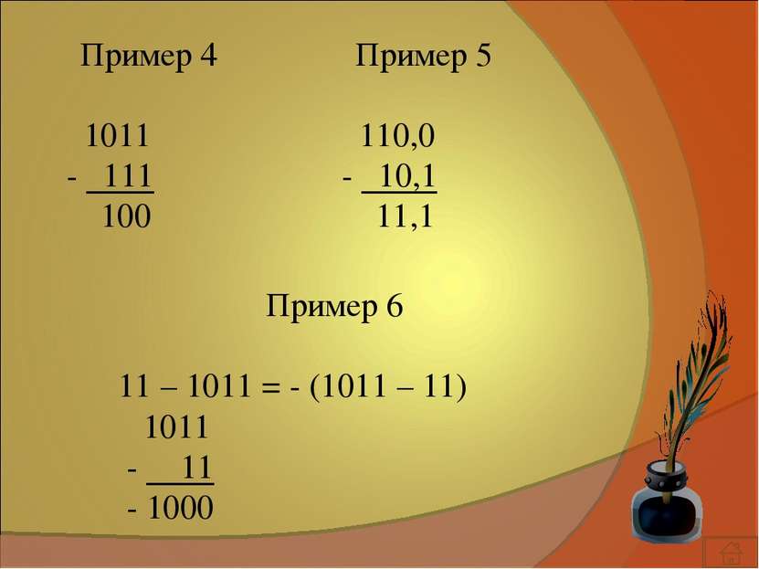 Пример 4 1011 - 111 100 Пример 5 110,0 - 10,1 11,1 Пример 6 11 – 1011 = - (10...
