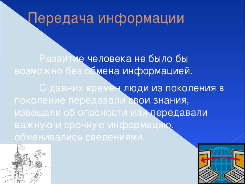 Передача информации Развитие человека не было бы возможно без обмена информац...