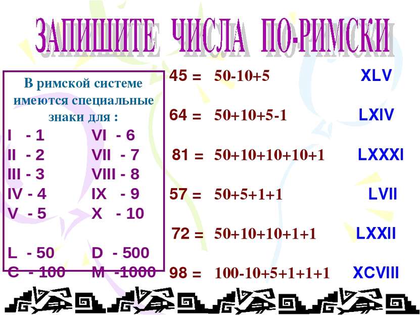 45 = 64 = 81 = 57 = 72 = 98 = XLV LXIV LXXXI LVII LXXII XCVIII В римской сист...