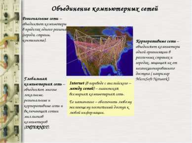 Объединение компьютерных сетей Региональные сети – объединяют компьютеры в пр...