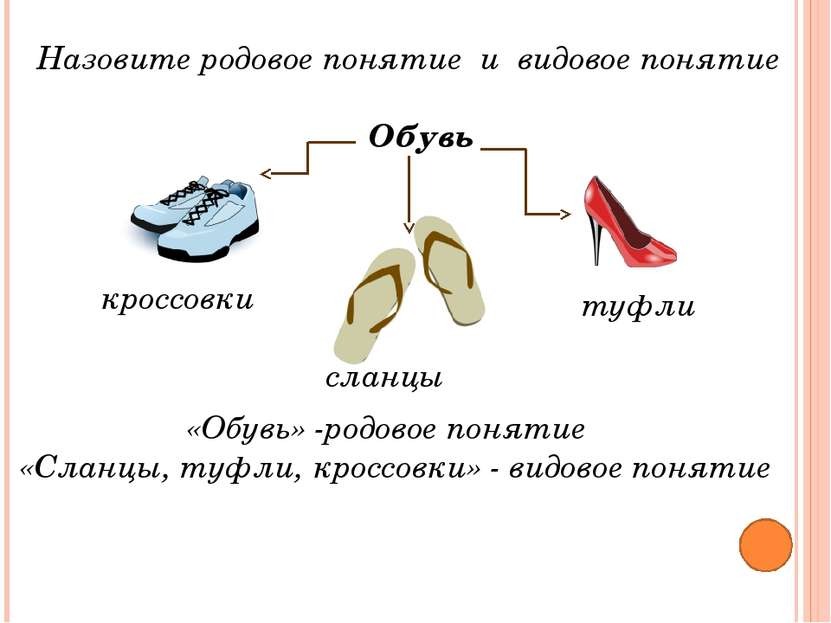 Назовите родовое понятие и видовое понятие «Обувь» -родовое понятие «Сланцы, ...