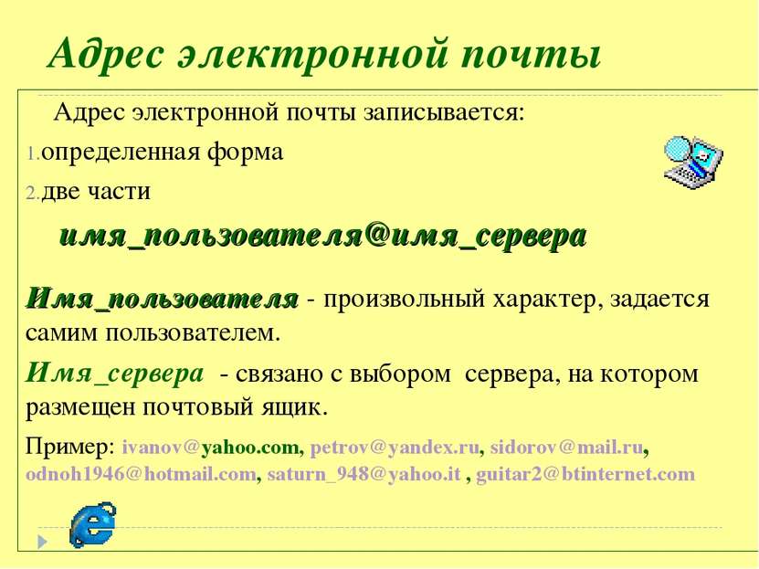 Адрес электронной почты Адрес электронной почты записывается: определенная фо...