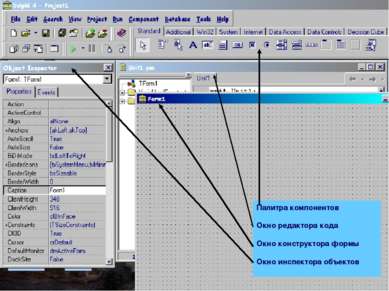 Палитра компонентов Окно редактора кода Окно конструктора формы Окно инспекто...