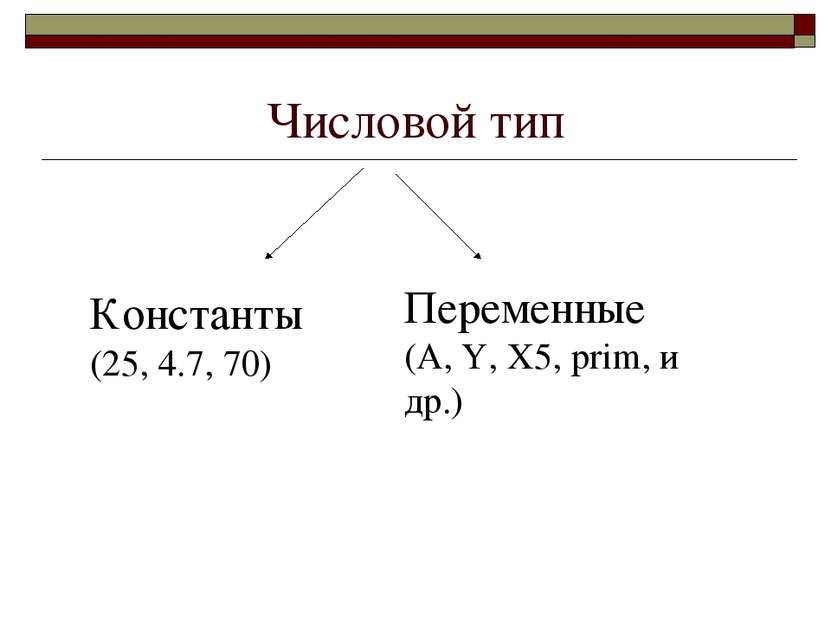 Числовой тип Константы (25, 4.7, 70) Переменные (A, Y, X5, prim, и др.)