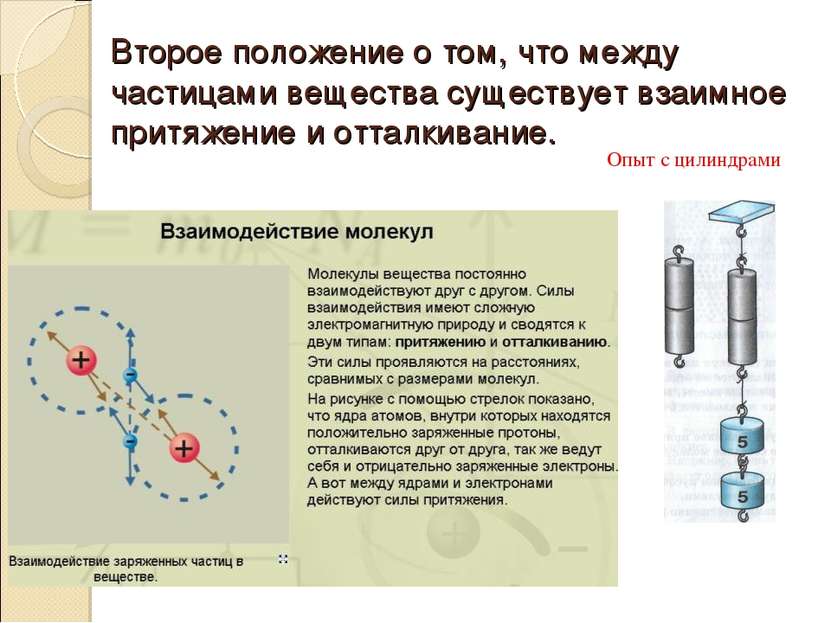 Второе положение о том, что между частицами вещества существует взаимное прит...