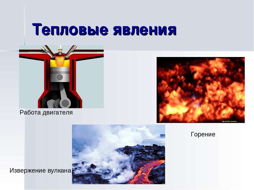 Тепловые явления Работа двигателя Горение Извержение вулкана