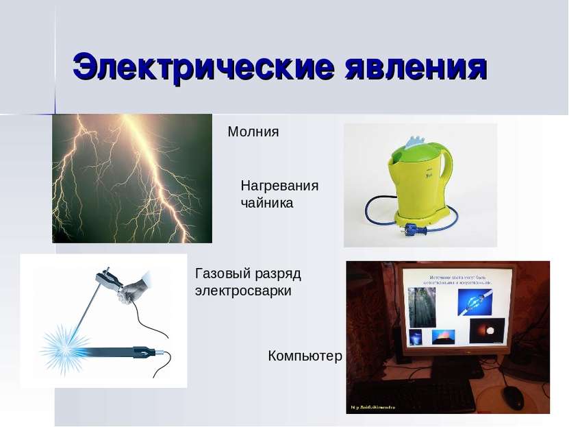 Электрические явления Молния Нагревания чайника Газовый разряд электросварки ...