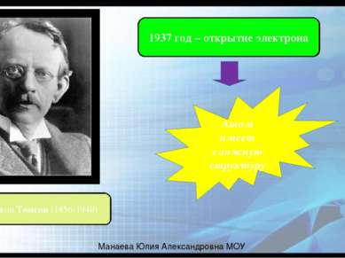 Джозеф Джон Томсон (1856-1940) 1937 год – открытие электрона Атом имеет сложн...