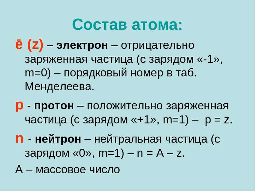 Состав атома: ē (z) – электрон – отрицательно заряженная частица (с зарядом «...