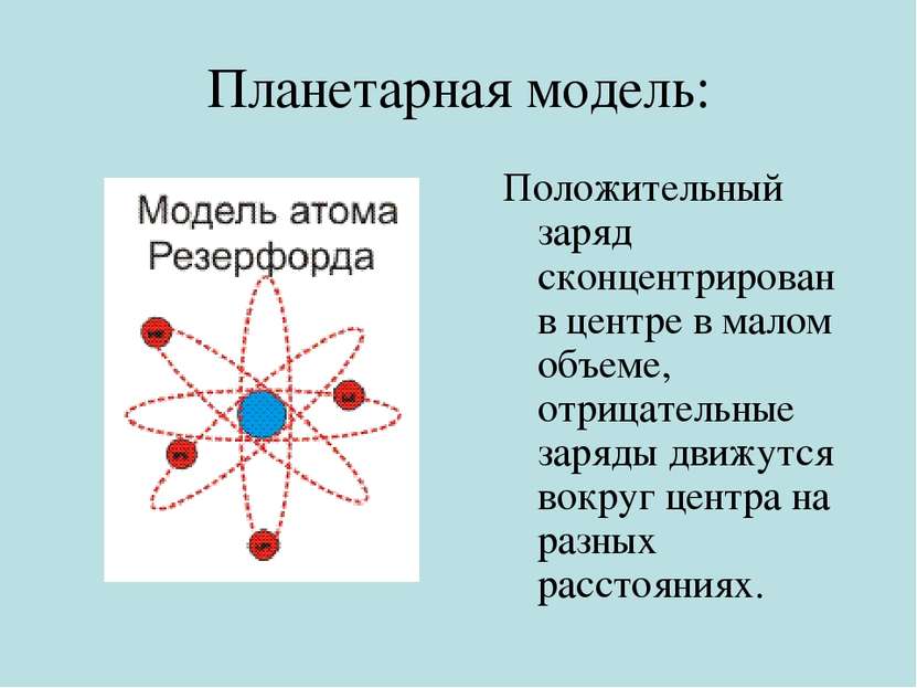 Планетарная модель: Положительный заряд сконцентрирован в центре в малом объе...