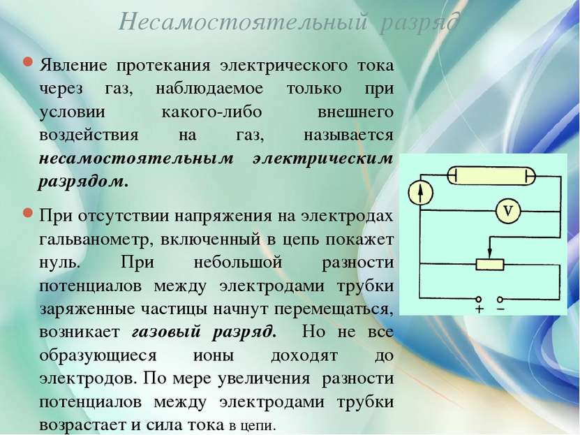 Несамостоятельный разряд Явление протекания электрического тока через газ, на...