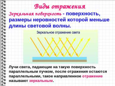 Виды отражения Зеркальная поверхность - поверхность, размеры неровностей кото...