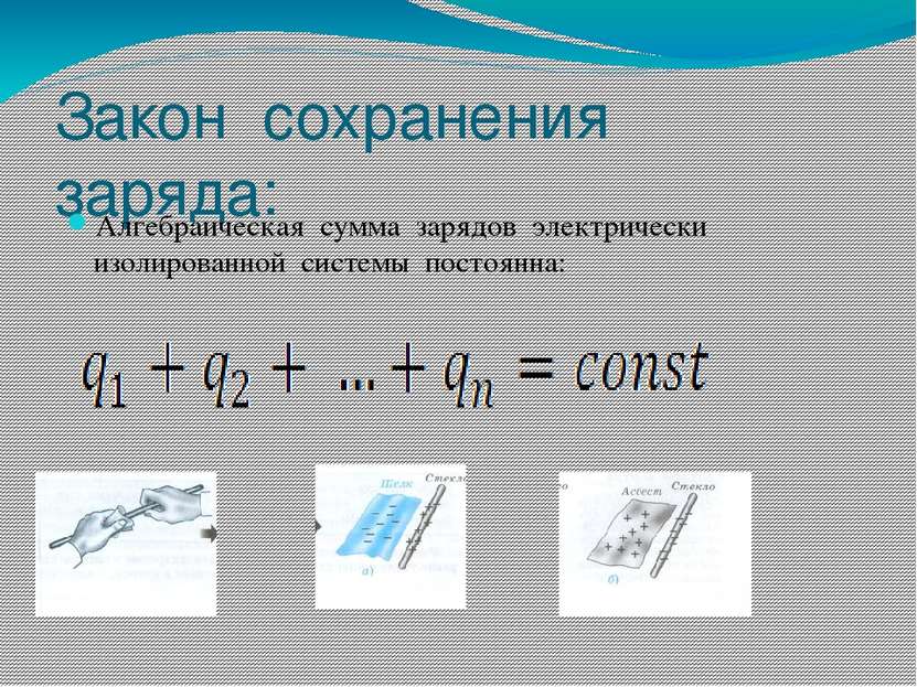 Закон сохранения заряда: Алгебраическая сумма зарядов электрически изолирован...