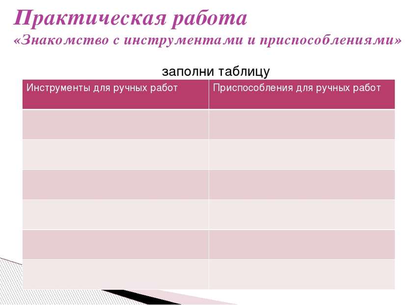 Практическая работа «Знакомство с инструментами и приспособлениями» заполни т...