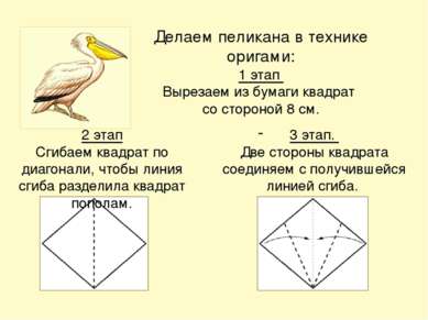 Делаем пеликана в технике оригами: 1 этап Вырезаем из бумаги квадрат со сторо...