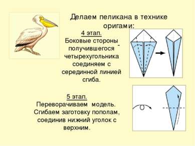 Делаем пеликана в технике оригами: 5 этап. Переворачиваем модель. Сгибаем заг...