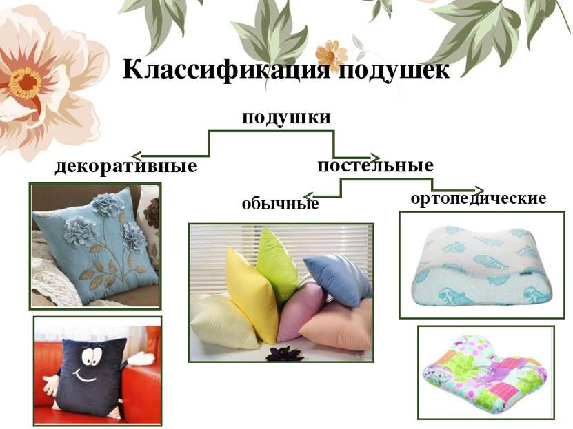 Классификация подушек подушки декоративные  постельные  обычные   ортопедические
