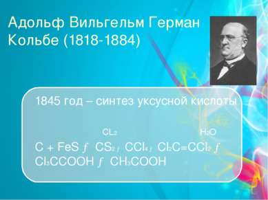 Адольф Вильгельм Герман Кольбе (1818-1884) 1845 год – синтез уксусной кислоты...