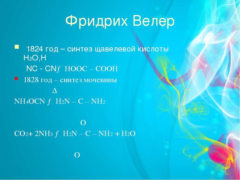 Фридрих Велер 1824 год – синтез щавелевой кислоты H2O,H NC - CN→ HOOC – COOH ...