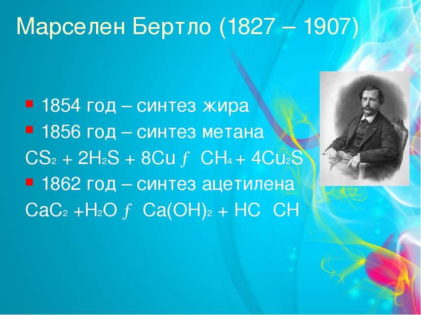 Марселен Бертло (1827 – 1907) 1854 год – синтез жира 1856 год – синтез метана...