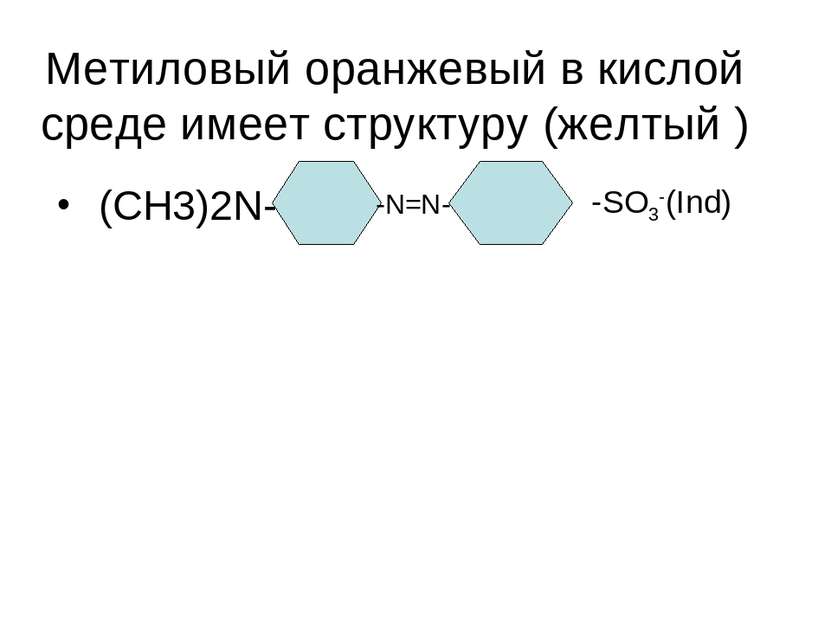 Метиловый оранжевый в кислой среде имеет структуру (желтый ) (СН3)2N- -N=N- -...