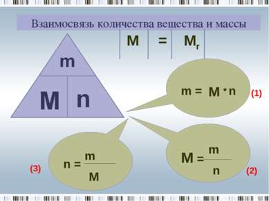 Взаимосвязь количества вещества и массы m = M n (1) M = m n (2) n = m M (3) *