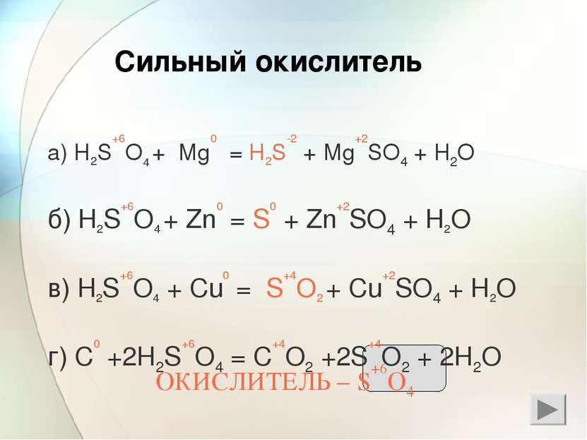 Сильный окислитель а) H2S+6O4 + Mg0 = H2S-2 + Mg+2SO4 + Н2О б) H2S+6O4 + Zn0 ...