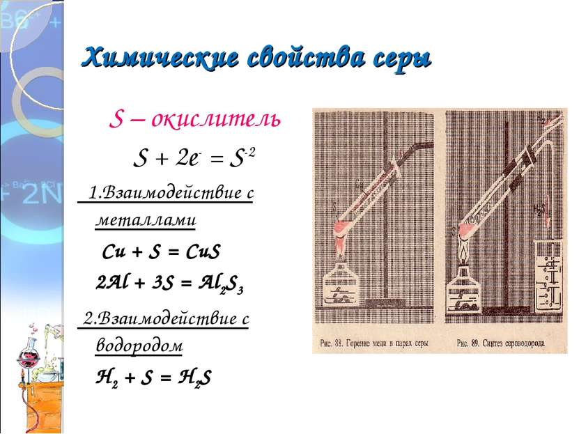 Химические свойства серы S – окислитель S + 2е- = S-2 1.Взаимодействие с мета...