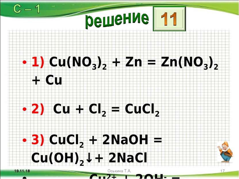 1) Cu(NО3)2 + Zn = Zn(NО3)2 + Сu 2) Сu + Сl2 = СuСl2 3) СuСl2 + 2NaOH = Сu(ОН...