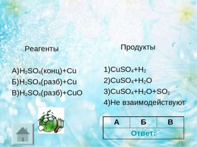 Реагенты А)H2SO4(конц)+Cu Б)H2SO4(разб)+Cu В)H2SO4(разб)+CuO Продукты 1)CuSO4...