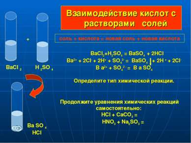 Взаимодействие кислот с растворами солей BaCI2+H2SO4 = BaSO4 + 2HCI Ba2+ + 2C...
