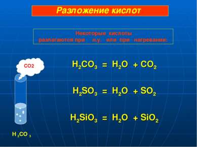 H2CO3 = H2O + CO2 H2SO3 = H2O + SO2 H2SiO3 = H2O + SiO2 CO2 H 2CO 3 Разложени...