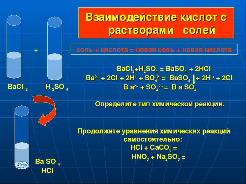 Взаимодействие кислот с растворами солей BaCI2+H2SO4 = BaSO4 + 2HCI Ba2+ + 2C...