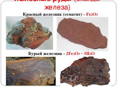Железные руды (оксиды железа) Красный железняк (гематит) - Fe2O3 Бурый железн...