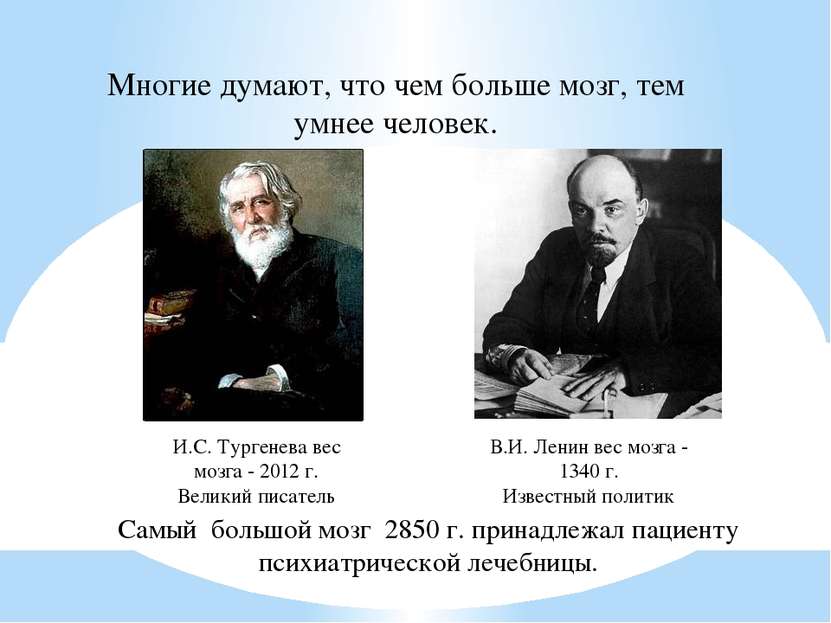 И.С. Тургенева вес мозга - 2012 г. Великий писатель В.И. Ленин вес мозга - 13...