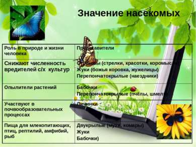 Значение насекомых Роль в природе и жизни человека Представители Снижают числ...