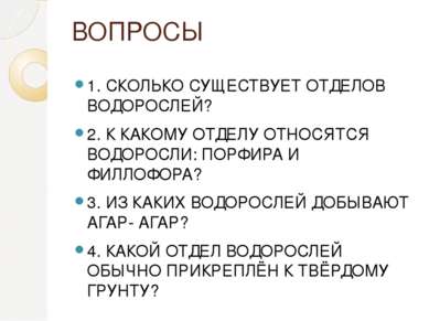 ВОПРОСЫ 1. СКОЛЬКО СУЩЕСТВУЕТ ОТДЕЛОВ ВОДОРОСЛЕЙ? 2. К КАКОМУ ОТДЕЛУ ОТНОСЯТС...