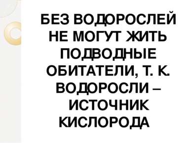 БЕЗ ВОДОРОСЛЕЙ НЕ МОГУТ ЖИТЬ ПОДВОДНЫЕ ОБИТАТЕЛИ, Т. К. ВОДОРОСЛИ – ИСТОЧНИК ...