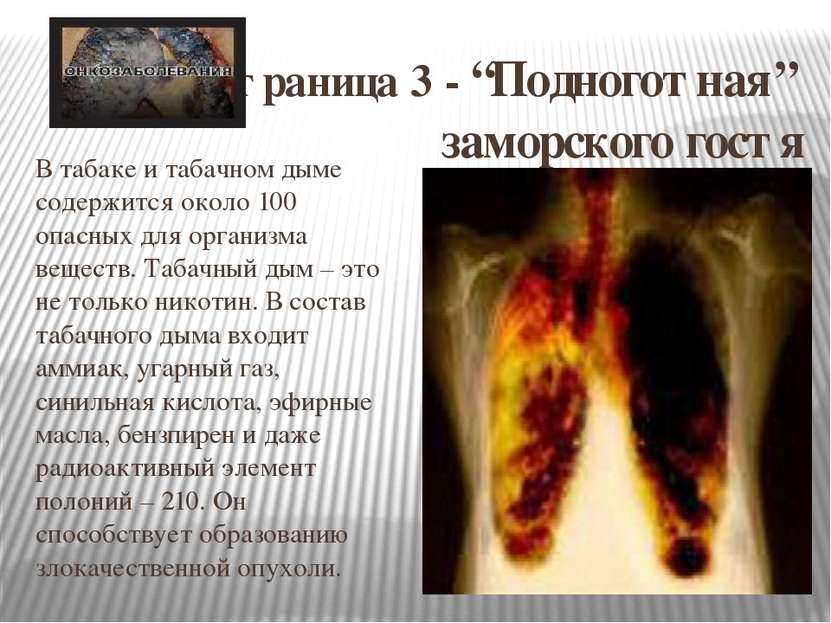 Страница 3 - “Подноготная” заморского гостя В табаке и табачном дыме содержит...