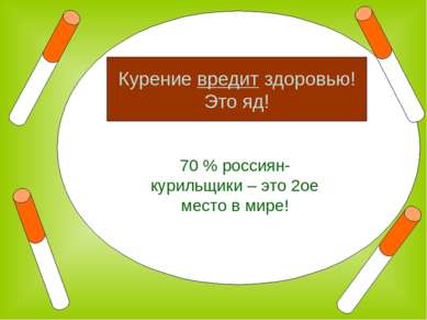 70 % россиян- курильщики – это 2ое место в мире! Курение вредит здоровью! Это...