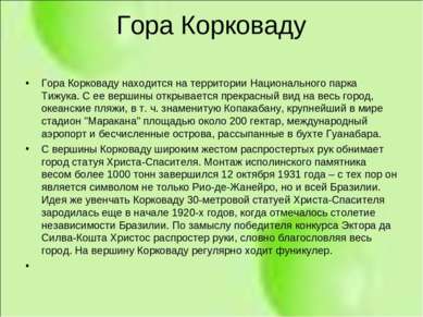 Гора Корковаду Гора Корковаду находится на территории Национального парка Тиж...