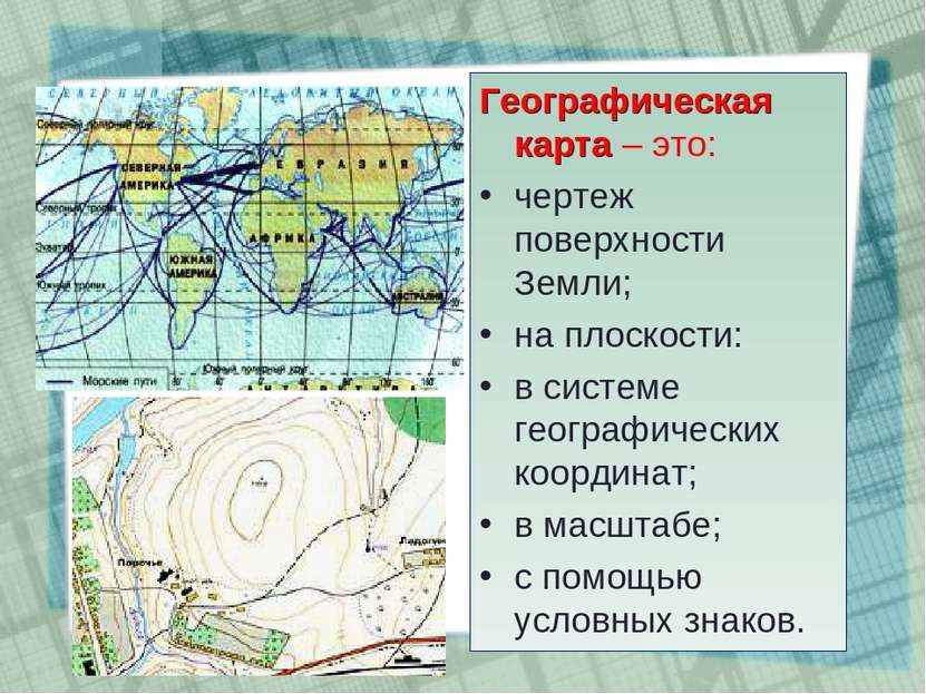 Географическая карта – это: чертеж поверхности Земли; на плоскости: в системе...