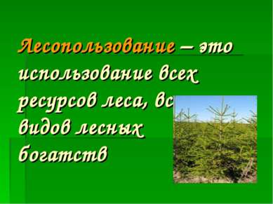 Лесопользование – это использование всех ресурсов леса, всех видов лесных бог...