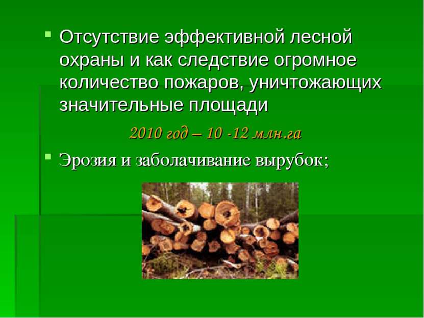 Отсутствие эффективной лесной охраны и как следствие огромное количество пожа...