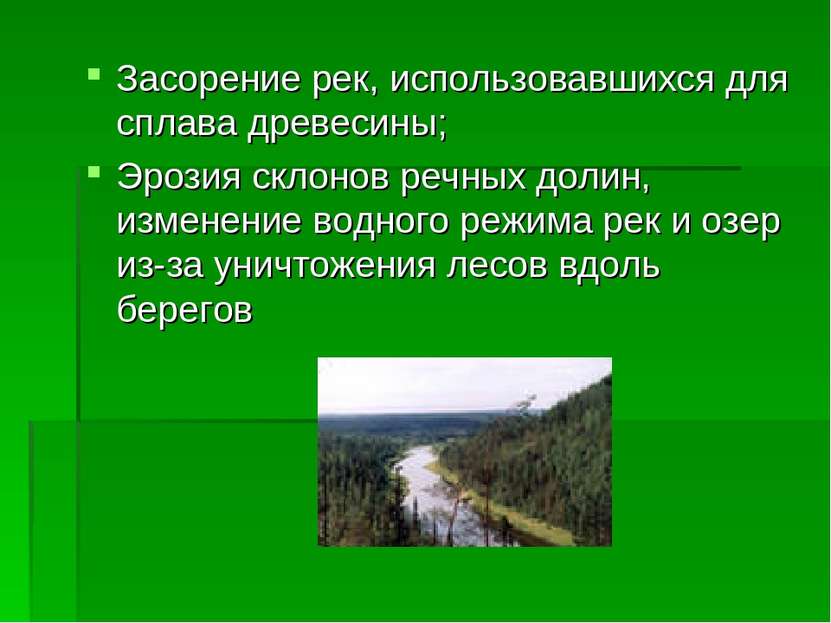 Засорение рек, использовавшихся для сплава древесины; Эрозия склонов речных д...