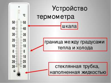 Устройство термометра стеклянная трубка, наполненная жидкостью шкала граница ...