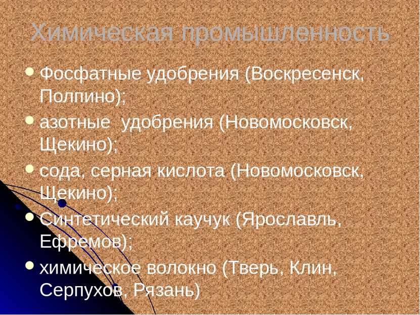 Химическая промышленность Фосфатные удобрения (Воскресенск, Полпино); азотные...